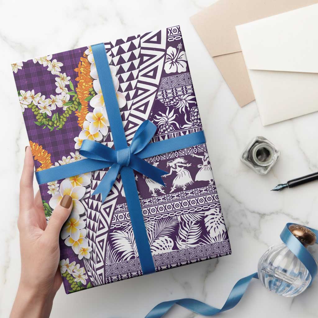 Hawaiian Plumeria Lei Wrapping Paper Kakau Motifs and Palaka Half Style Purple Color - Polynesian Pride