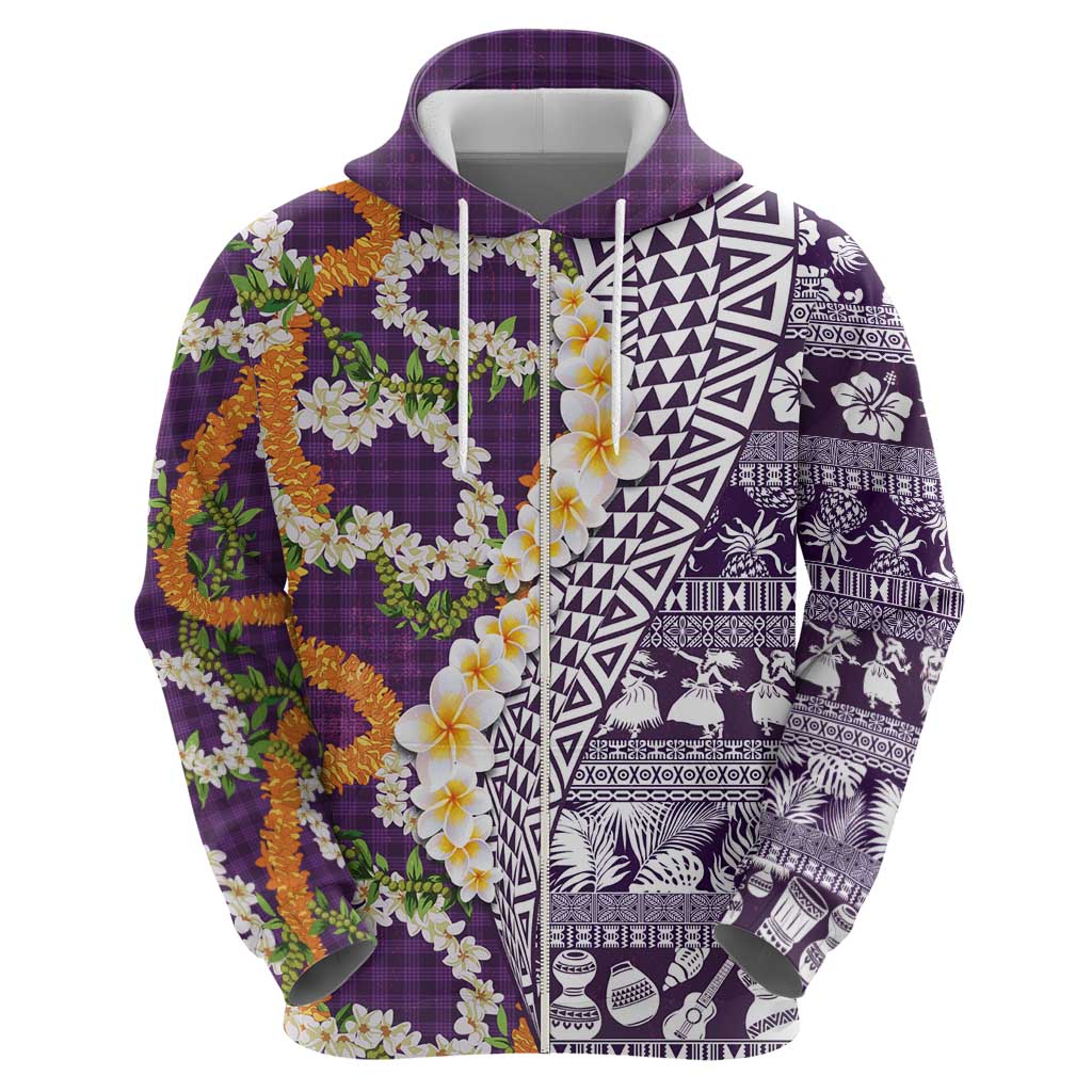 Hawaiian Plumeria Lei Zip Hoodie Kakau Motifs and Palaka Half Style Purple Color - Polynesian Pride