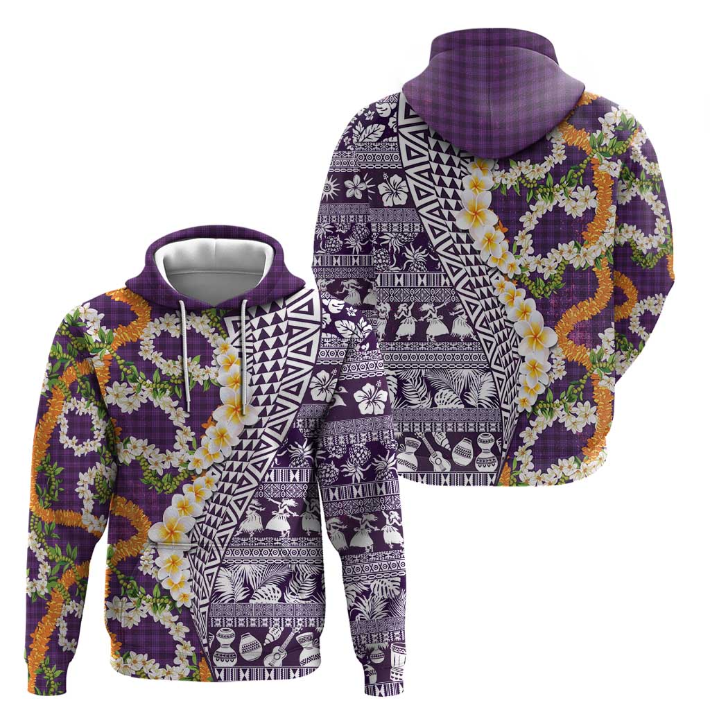 Hawaiian Plumeria Lei Zip Hoodie Kakau Motifs and Palaka Half Style Purple Color - Polynesian Pride