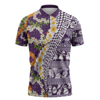 Hawaiian Plumeria Lei Zipper Polo Shirt Kakau Motifs and Palaka Half Style Purple Color - Polynesian Pride