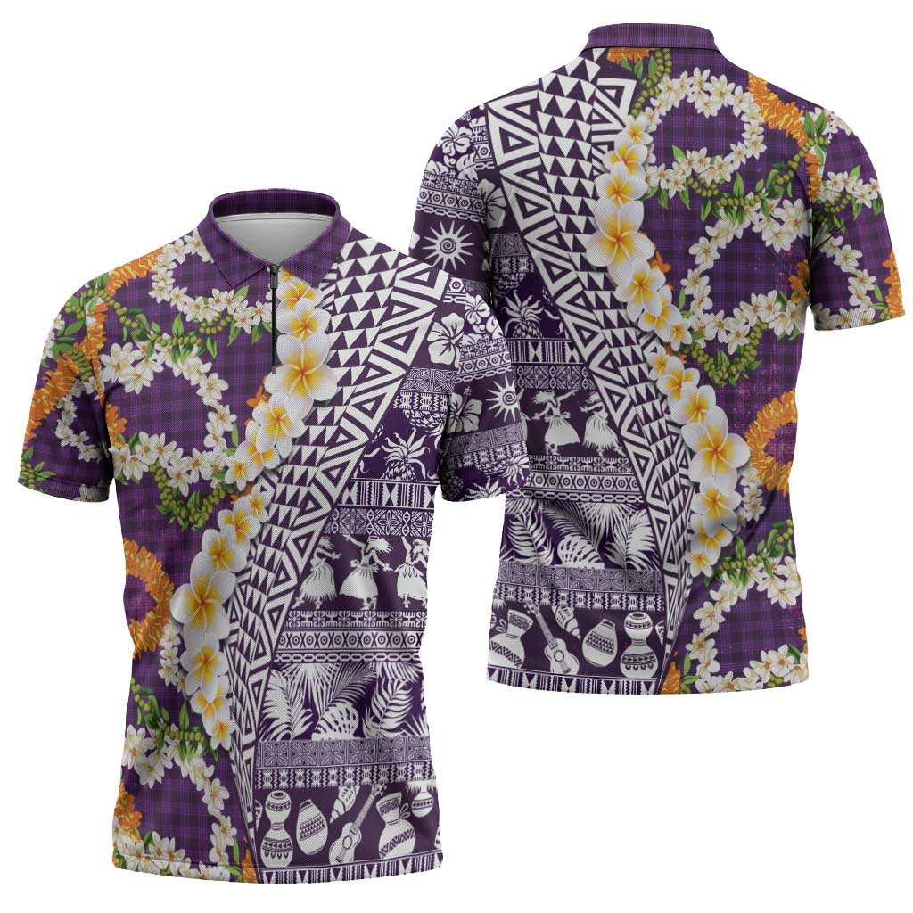 Hawaiian Plumeria Lei Zipper Polo Shirt Kakau Motifs and Palaka Half Style Purple Color - Polynesian Pride