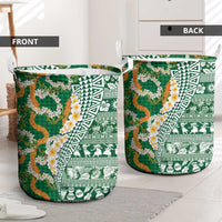 Hawaiian Plumeria Lei Laundry Basket Kakau Motifs and Palaka Half Style Green Color - Polynesian Pride