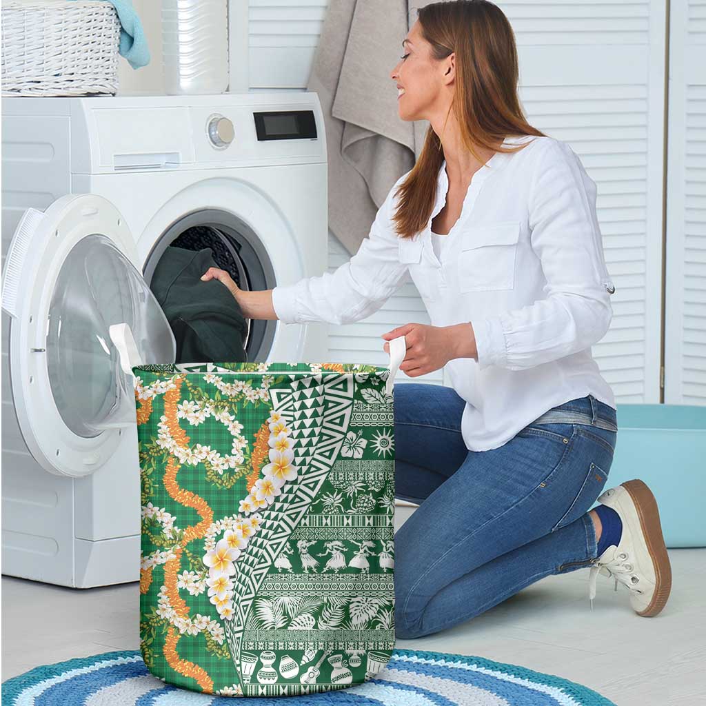Hawaiian Plumeria Lei Laundry Basket Kakau Motifs and Palaka Half Style Green Color - Polynesian Pride