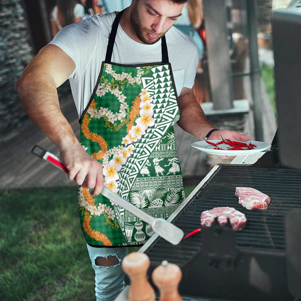Hawaiian Plumeria Lei Apron Kakau Motifs and Palaka Half Style Green Color - Polynesian Pride
