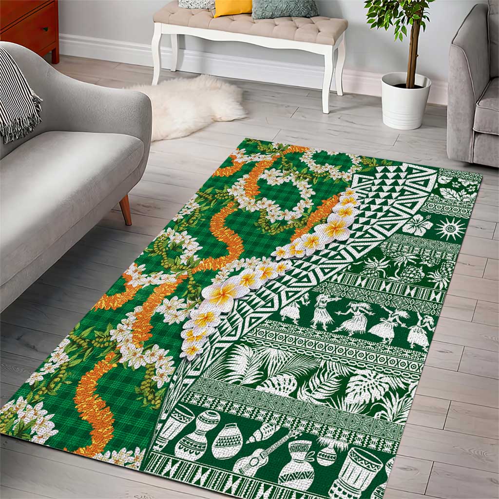 Hawaiian Plumeria Lei Area Rug Kakau Motifs and Palaka Half Style Green Color - Polynesian Pride