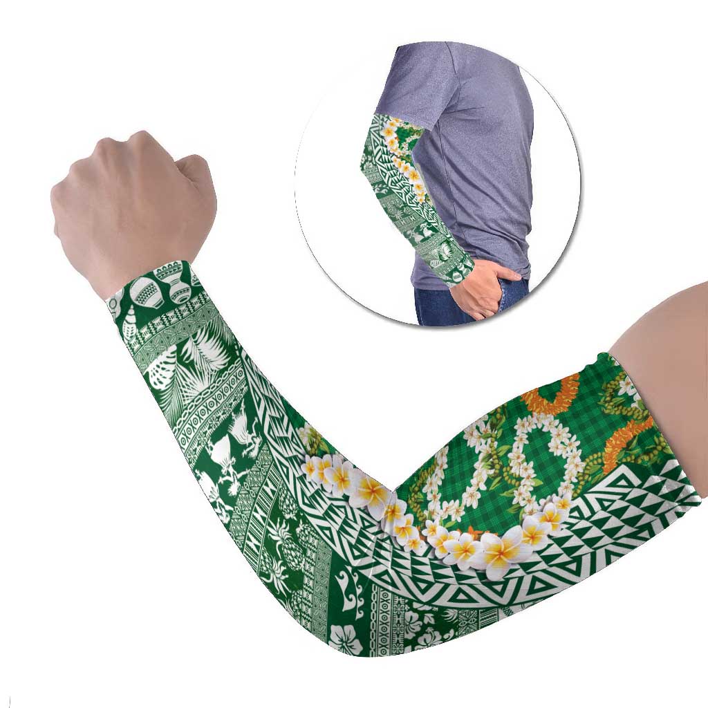 Hawaiian Plumeria Lei Arm Sleeves Kakau Motifs and Palaka Half Style Green Color - Polynesian Pride