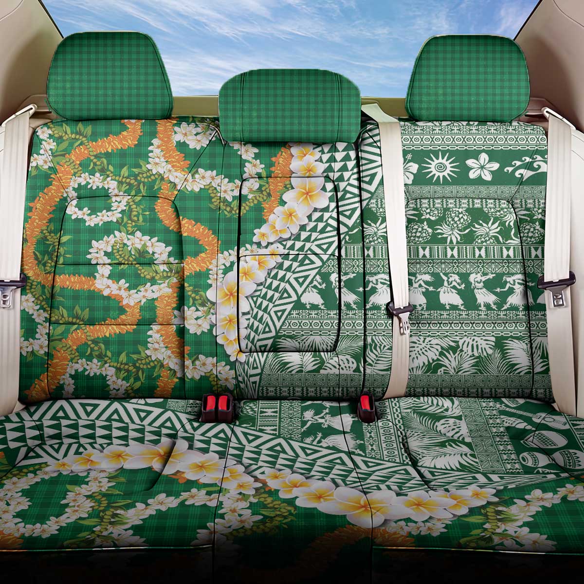 Hawaiian Plumeria Lei Back Car Seat Cover Kakau Motifs and Palaka Half Style Green Color - Polynesian Pride