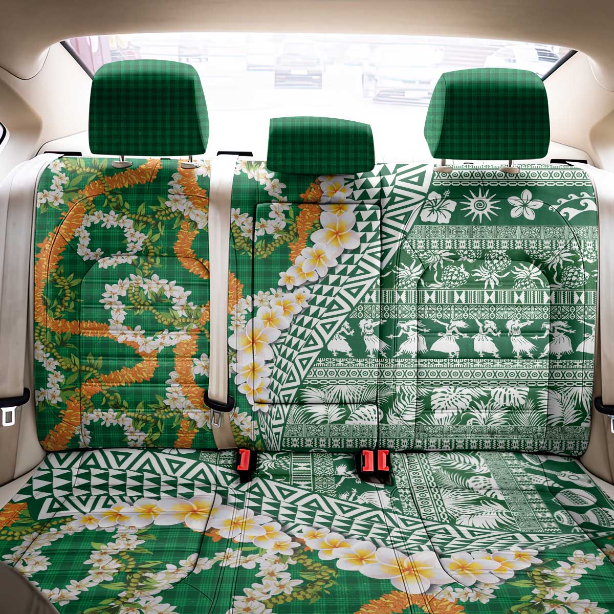 Hawaiian Plumeria Lei Back Car Seat Cover Kakau Motifs and Palaka Half Style Green Color - Polynesian Pride