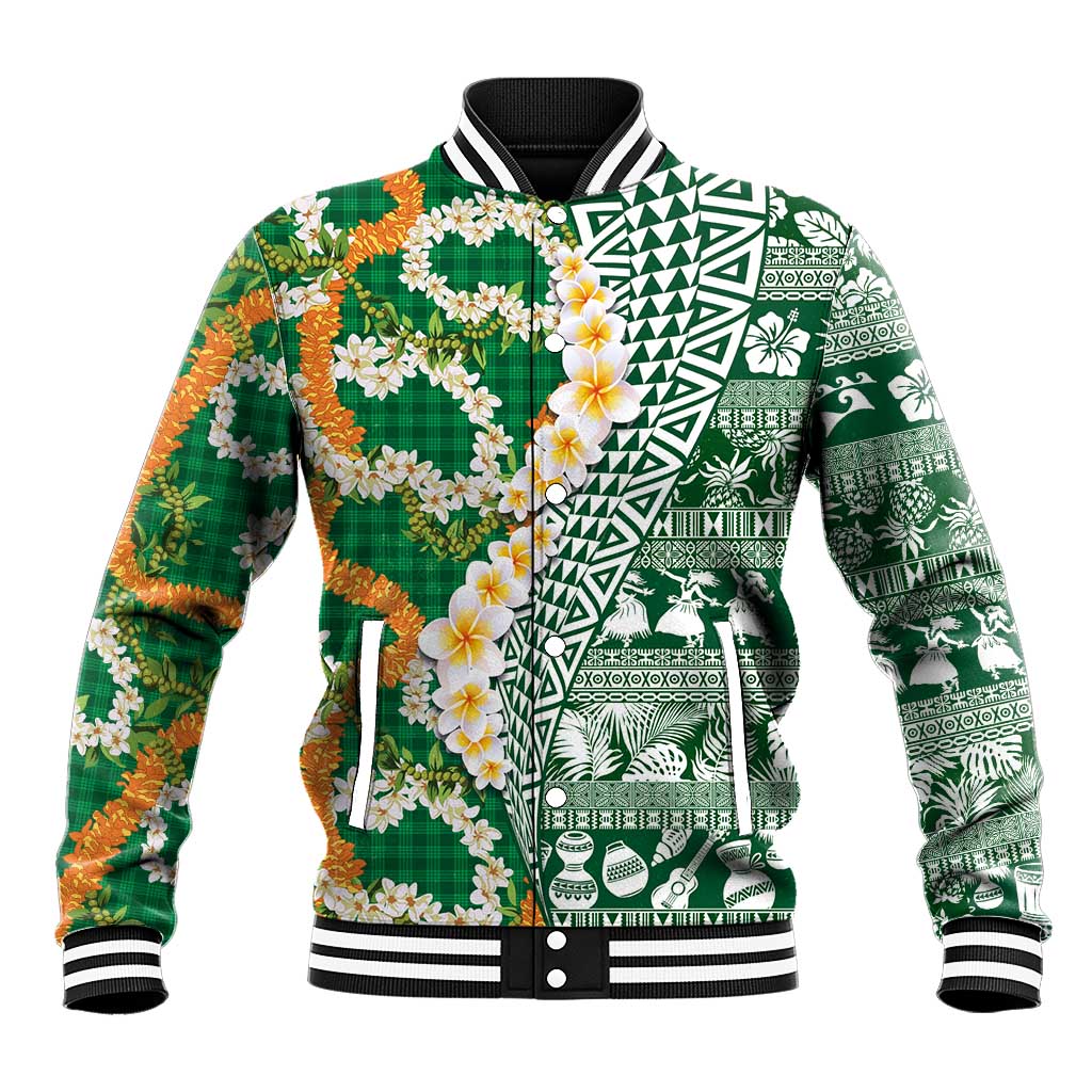 Hawaiian Plumeria Lei Baseball Jacket Kakau Motifs and Palaka Half Style Green Color - Polynesian Pride