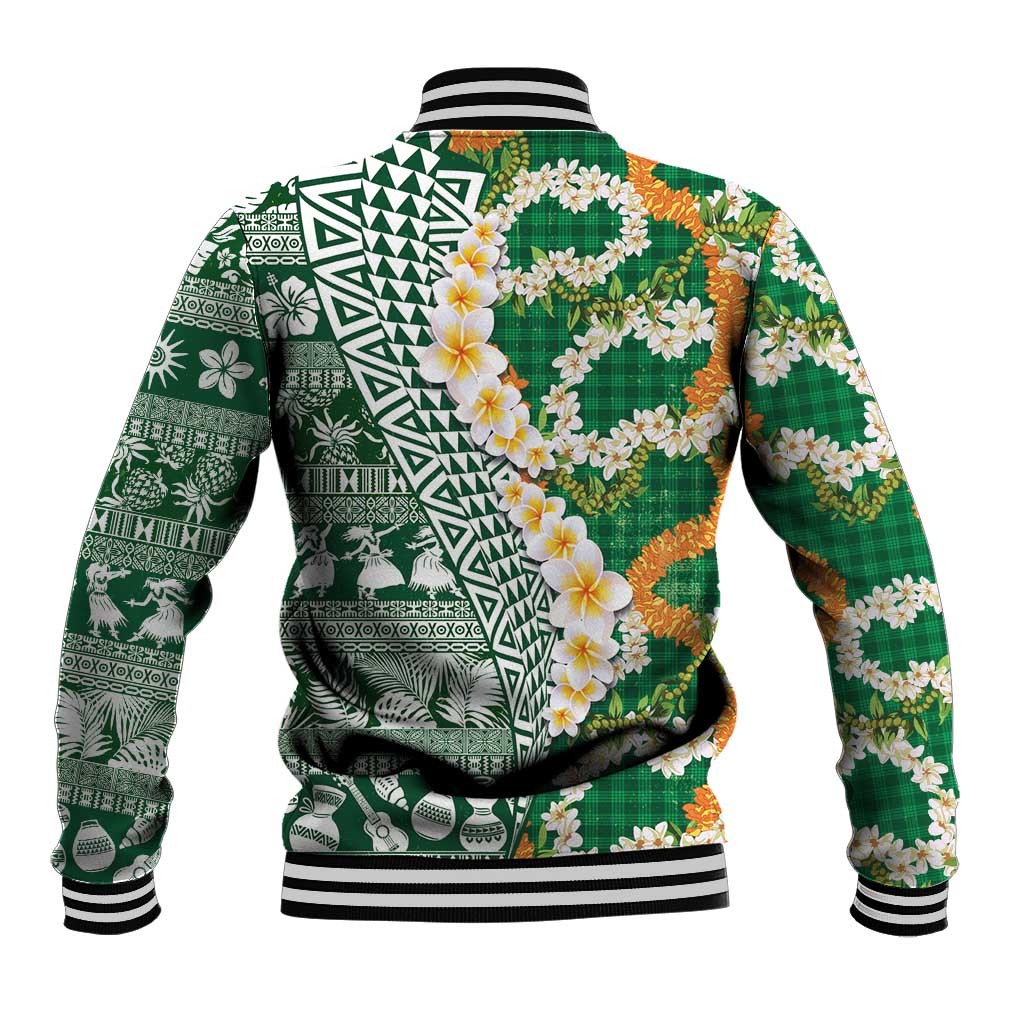Hawaiian Plumeria Lei Baseball Jacket Kakau Motifs and Palaka Half Style Green Color - Polynesian Pride