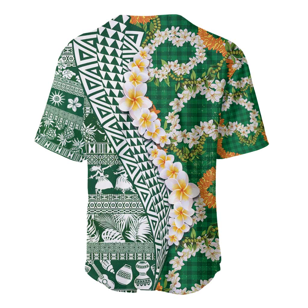 Hawaiian Plumeria Lei Baseball Jersey Kakau Motifs and Palaka Half Style Green Color - Polynesian Pride