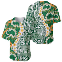 Hawaiian Plumeria Lei Baseball Jersey Kakau Motifs and Palaka Half Style Green Color - Polynesian Pride
