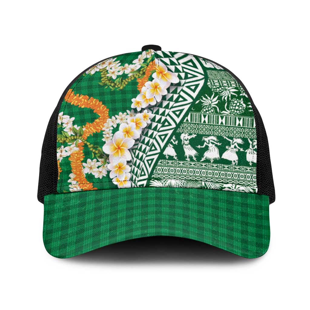 Hawaiian Plumeria Lei Baseball Net Cap Kakau Motifs and Palaka Half Style Green Color - Polynesian Pride