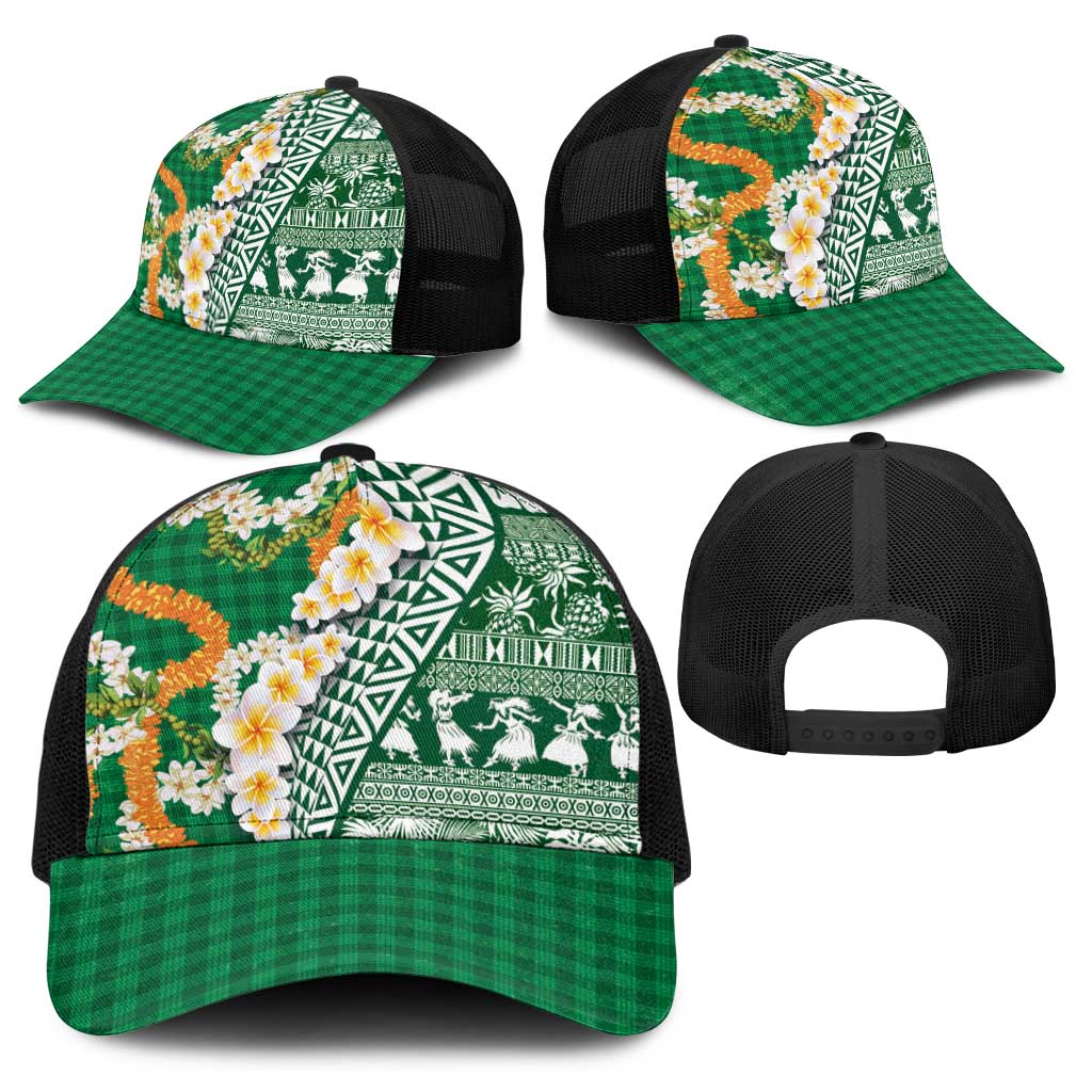 Hawaiian Plumeria Lei Baseball Net Cap Kakau Motifs and Palaka Half Style Green Color - Polynesian Pride