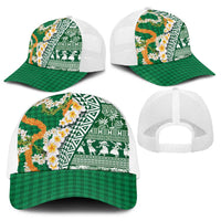 Hawaiian Plumeria Lei Baseball Net Cap Kakau Motifs and Palaka Half Style Green Color - Polynesian Pride