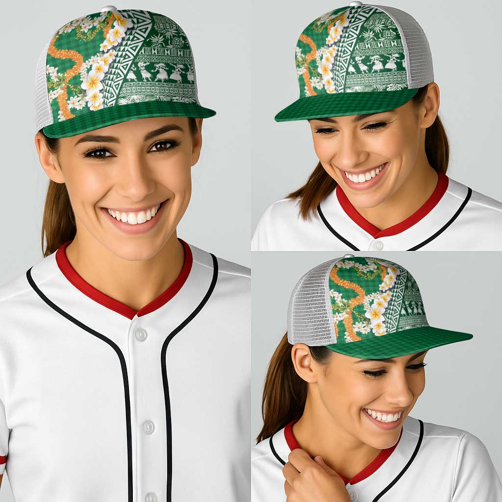 Hawaiian Plumeria Lei Baseball Net Cap Kakau Motifs and Palaka Half Style Green Color - Polynesian Pride