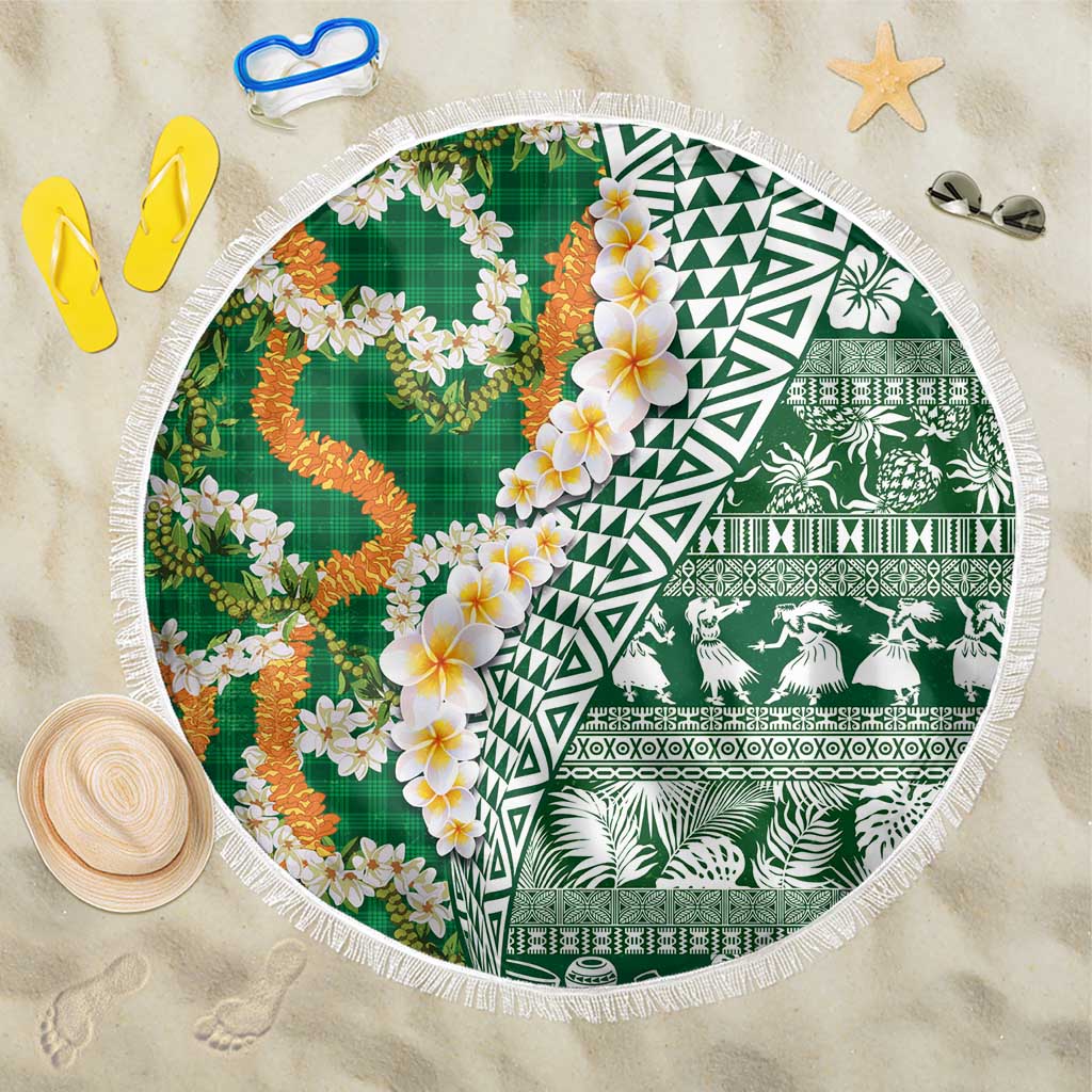 Hawaiian Plumeria Lei Beach Blanket Kakau Motifs and Palaka Half Style Green Color - Polynesian Pride