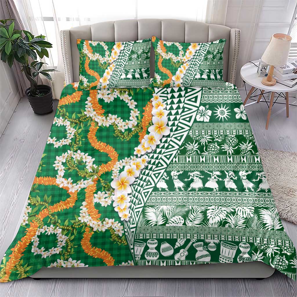 Hawaiian Plumeria Lei Bedding Set Kakau Motifs and Palaka Half Style Green Color - Polynesian Pride