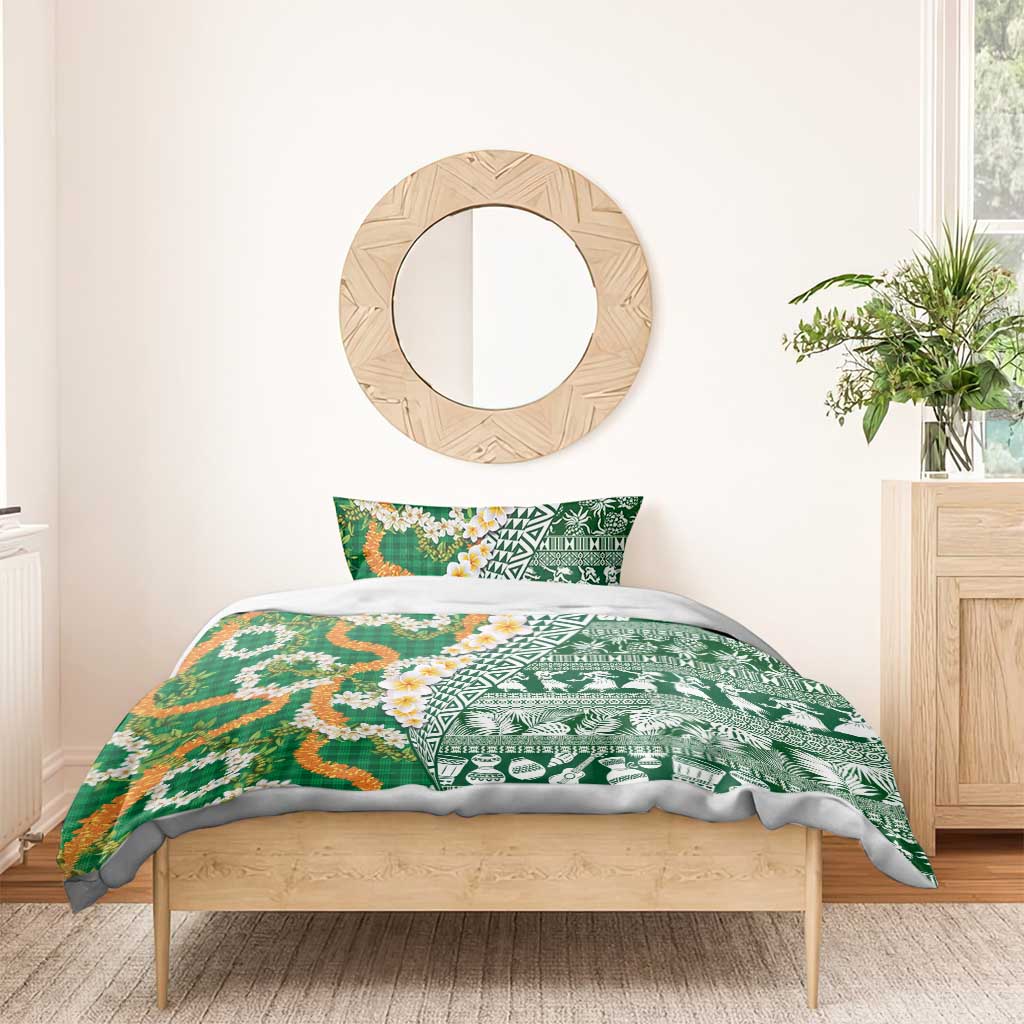 Hawaiian Plumeria Lei Bedding Set Kakau Motifs and Palaka Half Style Green Color - Polynesian Pride