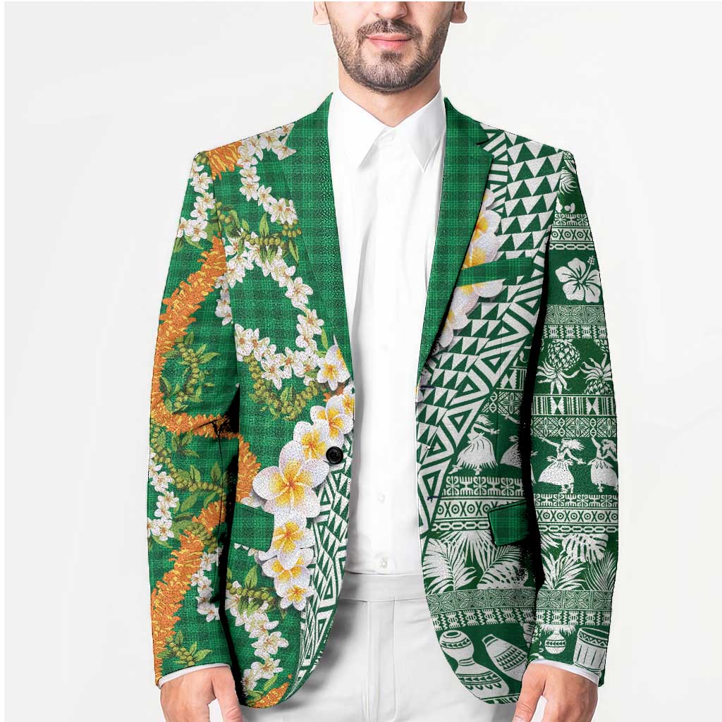 Hawaiian Plumeria Lei Blazer Kakau Motifs and Palaka Half Style Green Color - Polynesian Pride