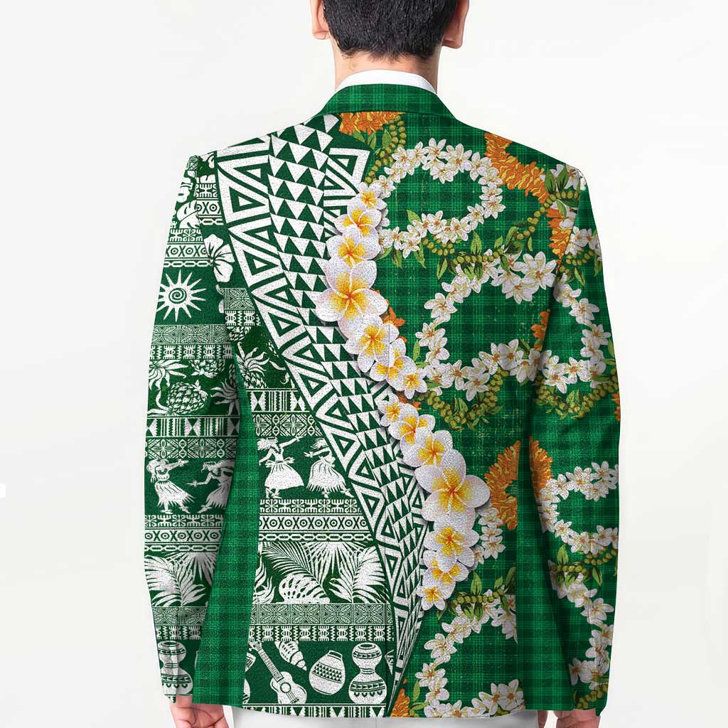 Hawaiian Plumeria Lei Blazer Kakau Motifs and Palaka Half Style Green Color - Polynesian Pride