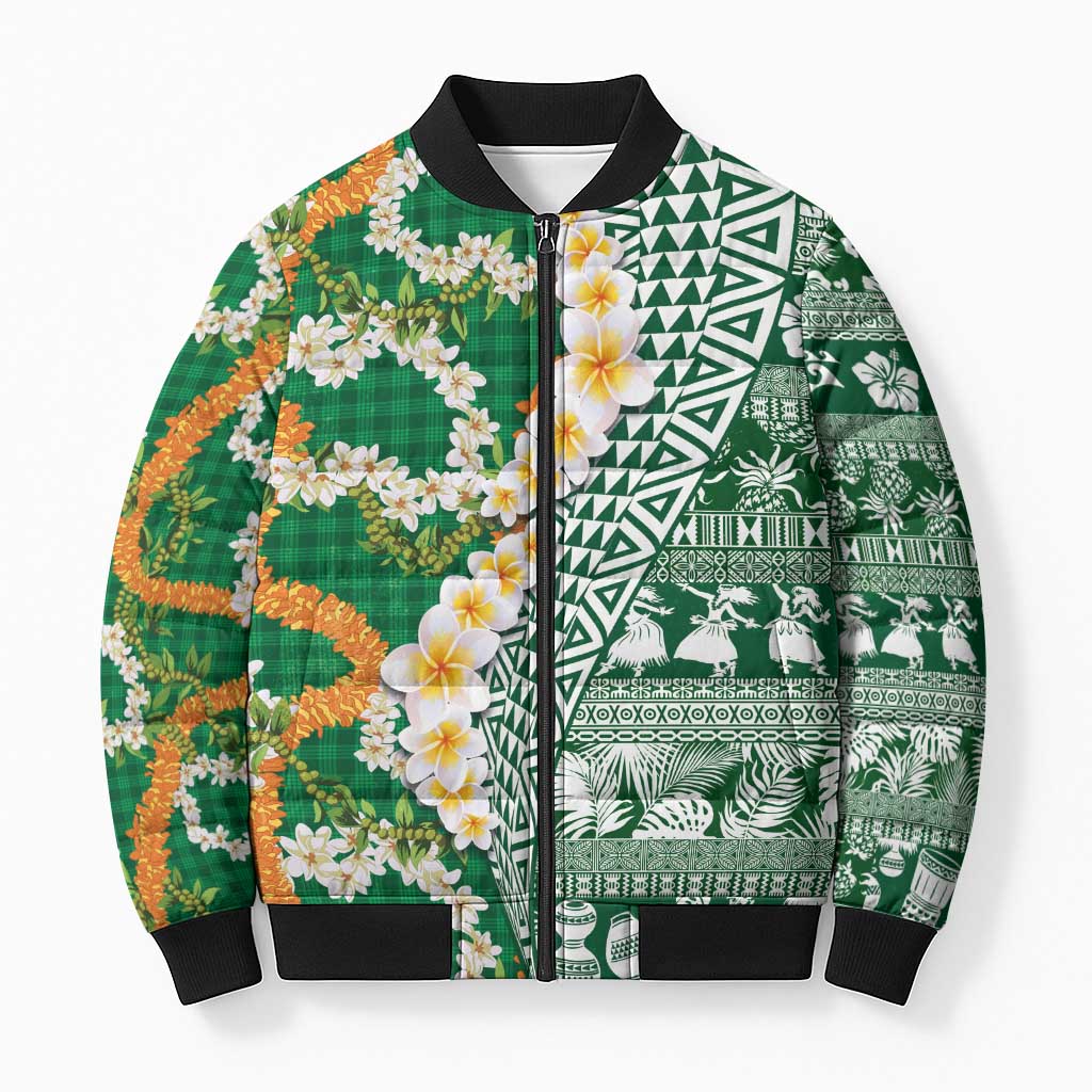 Hawaiian Plumeria Lei Bomber Puffer Jacket Kakau Motifs and Palaka Half Style Green Color - Polynesian Pride