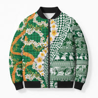 Hawaiian Plumeria Lei Bomber Puffer Jacket Kakau Motifs and Palaka Half Style Green Color - Polynesian Pride