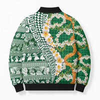Hawaiian Plumeria Lei Bomber Puffer Jacket Kakau Motifs and Palaka Half Style Green Color - Polynesian Pride