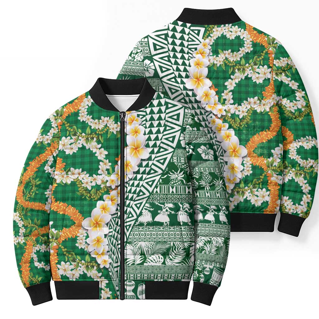 Hawaiian Plumeria Lei Bomber Puffer Jacket Kakau Motifs and Palaka Half Style Green Color - Polynesian Pride