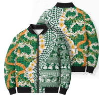 Hawaiian Plumeria Lei Bomber Puffer Jacket Kakau Motifs and Palaka Half Style Green Color - Polynesian Pride