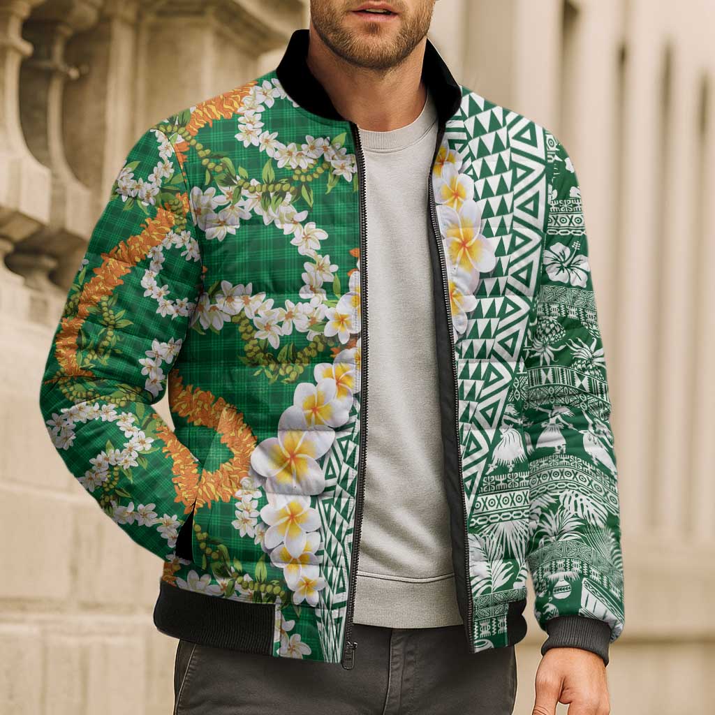 Hawaiian Plumeria Lei Bomber Puffer Jacket Kakau Motifs and Palaka Half Style Green Color - Polynesian Pride