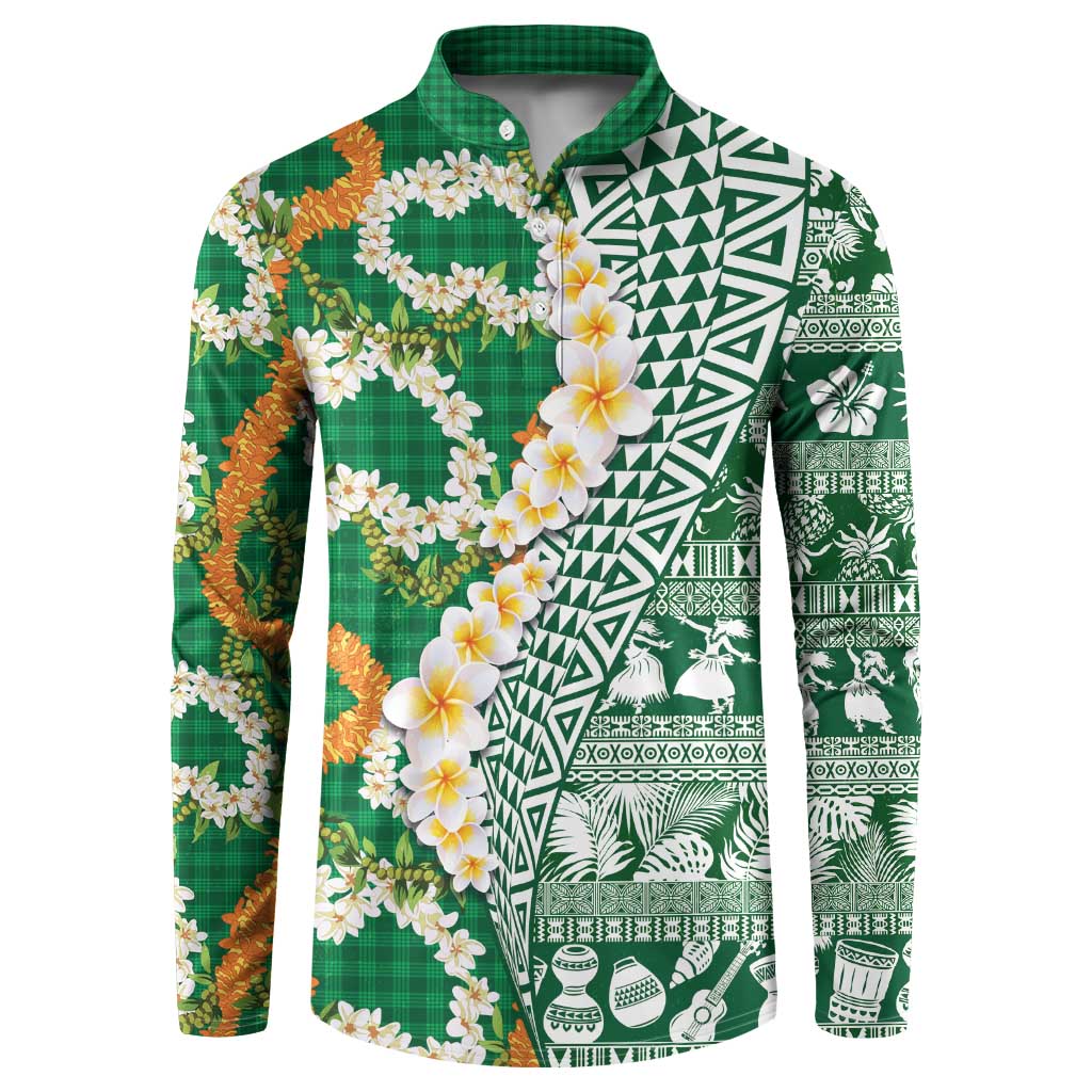 Hawaiian Plumeria Lei Button Sweatshirt Kakau Motifs and Palaka Half Style Green Color - Polynesian Pride