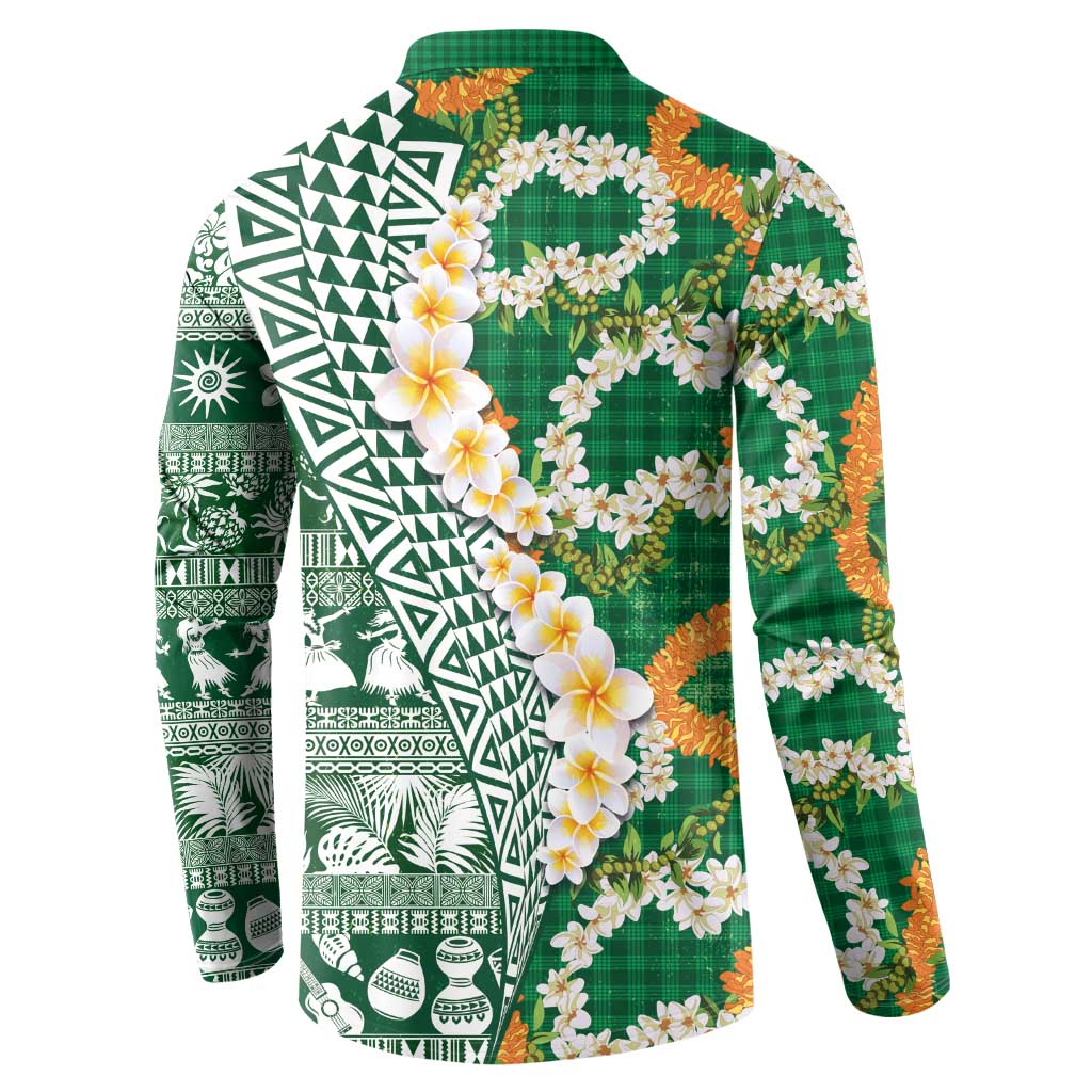 Hawaiian Plumeria Lei Button Sweatshirt Kakau Motifs and Palaka Half Style Green Color - Polynesian Pride