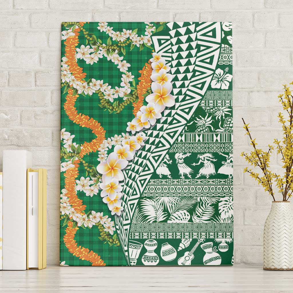 Hawaiian Plumeria Lei Canvas Wall Art Kakau Motifs and Palaka Half Style Green Color - Polynesian Pride