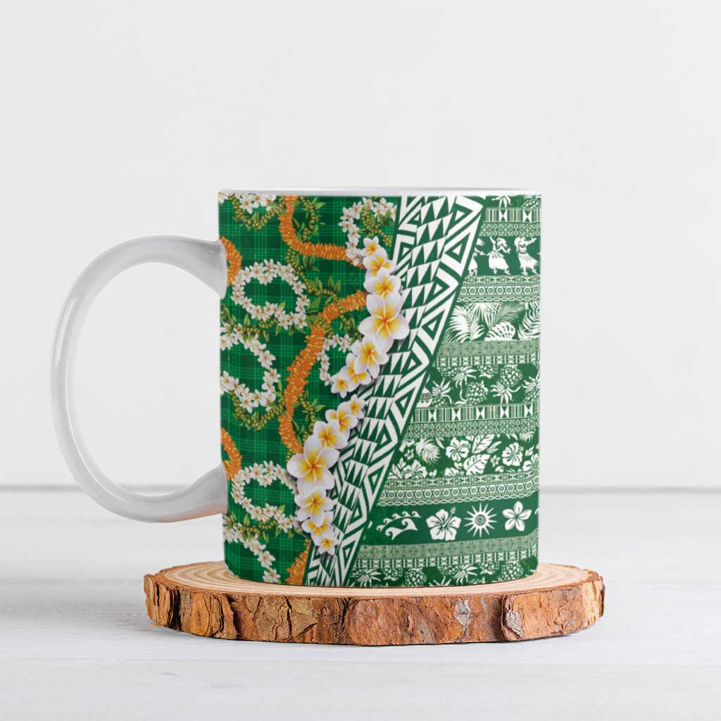 Hawaiian Plumeria Lei Ceramic Mug Kakau Motifs and Palaka Half Style Green Color - Polynesian Pride