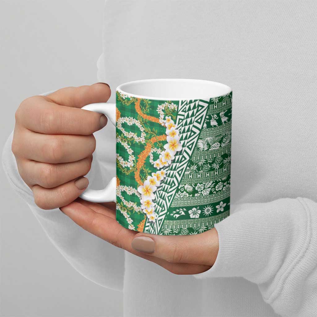 Hawaiian Plumeria Lei Ceramic Mug Kakau Motifs and Palaka Half Style Green Color - Polynesian Pride
