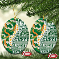Hawaiian Plumeria Lei Ceramic Ornament Kakau Motifs and Palaka Half Style Green Color - Polynesian Pride