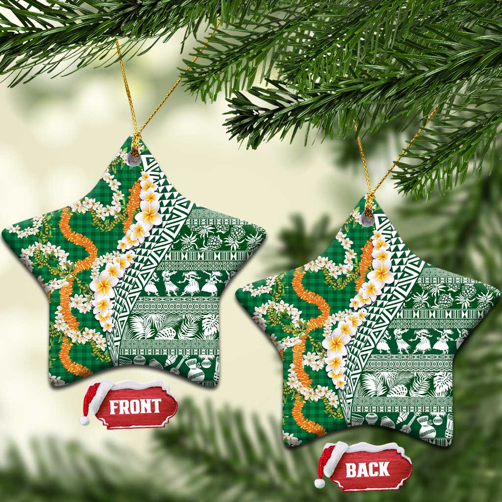Hawaiian Plumeria Lei Ceramic Ornament Kakau Motifs and Palaka Half Style Green Color - Polynesian Pride