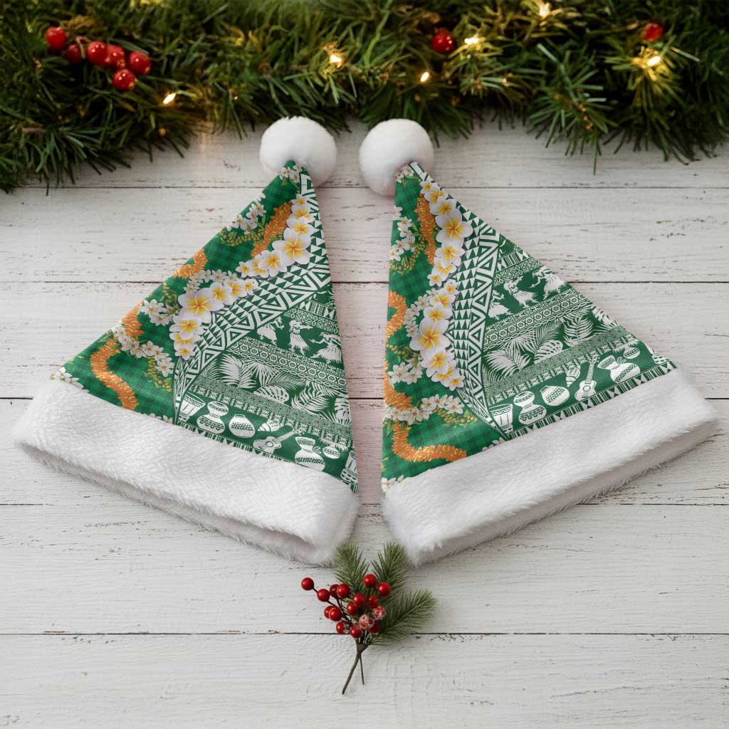 Hawaiian Plumeria Lei Christmas Santa Hat Kakau Motifs and Palaka Half Style Green Color - Polynesian Pride