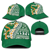 Hawaiian Plumeria Lei Classic Cap Kakau Motifs and Palaka Half Style Green Color - Polynesian Pride