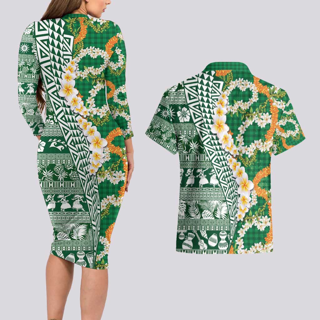 Hawaiian Plumeria Lei Couples Matching Long Sleeve Bodycon Dress and Hawaiian Shirt Kakau Motifs and Palaka Half Style Green Color - Polynesian Pride