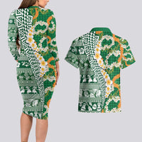 Hawaiian Plumeria Lei Couples Matching Long Sleeve Bodycon Dress and Hawaiian Shirt Kakau Motifs and Palaka Half Style Green Color - Polynesian Pride