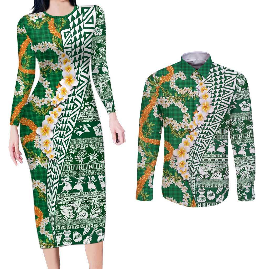 Hawaiian Plumeria Lei Couples Matching Long Sleeve Bodycon Dress and Long Sleeve Button Shirt Kakau Motifs and Palaka Half Style Green Color - Polynesian Pride
