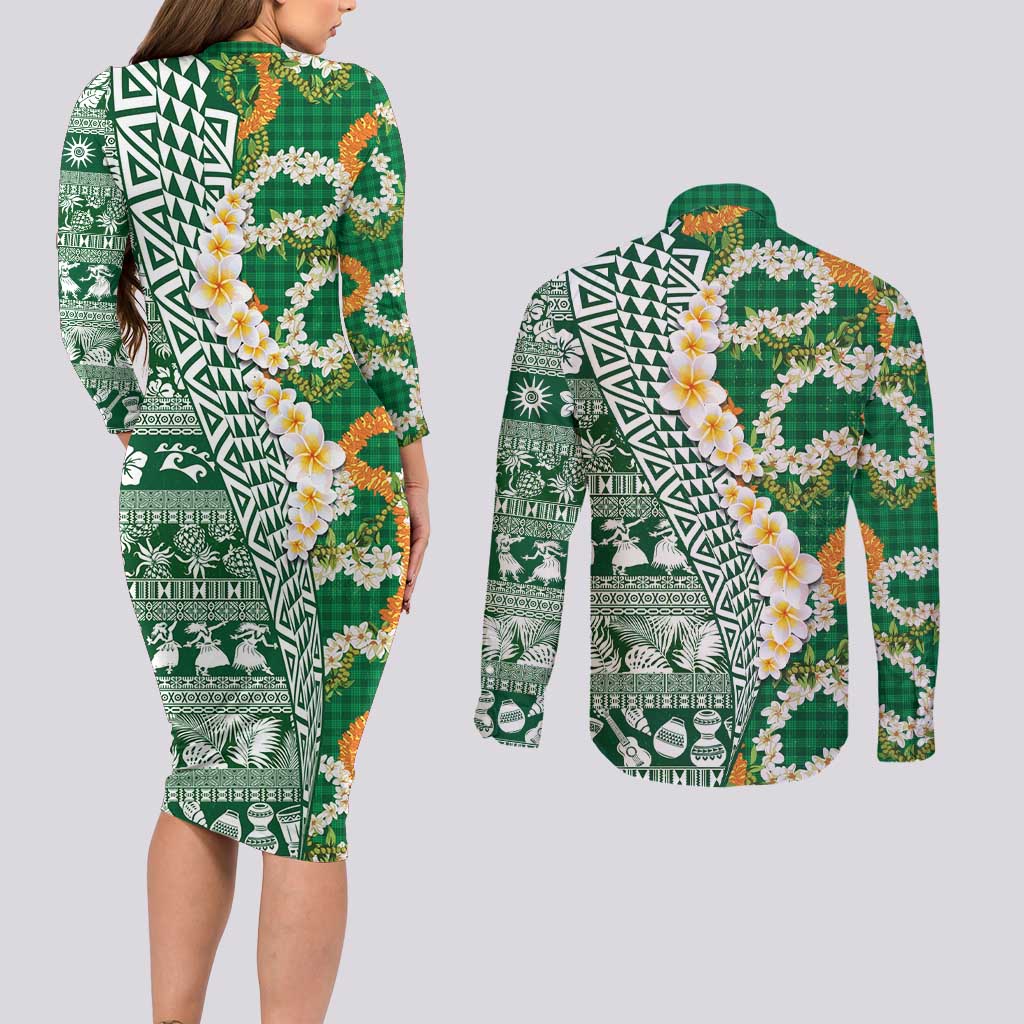 Hawaiian Plumeria Lei Couples Matching Long Sleeve Bodycon Dress and Long Sleeve Button Shirt Kakau Motifs and Palaka Half Style Green Color - Polynesian Pride