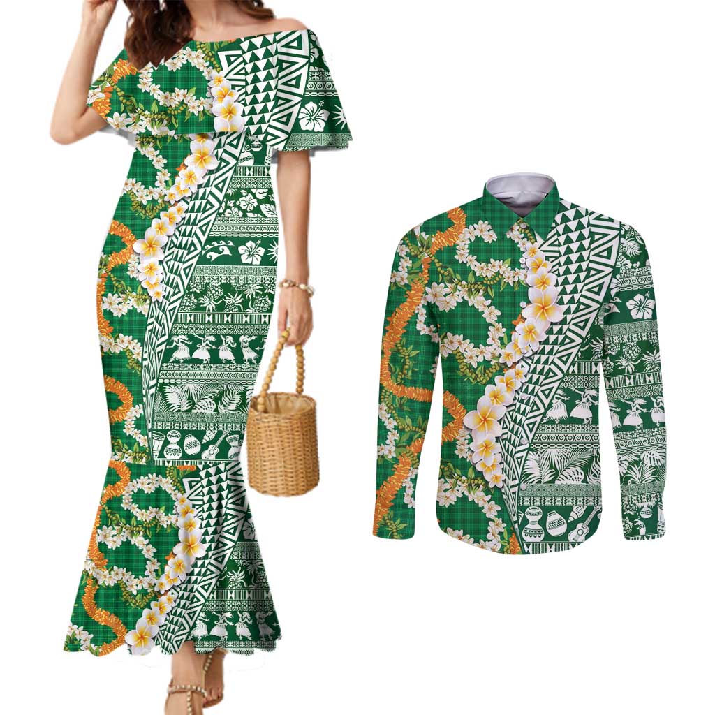 Hawaiian Plumeria Lei Couples Matching Mermaid Dress and Long Sleeve Button Shirt Kakau Motifs and Palaka Half Style Green Color - Polynesian Pride