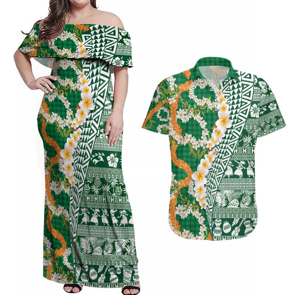 Hawaiian Plumeria Lei Couples Matching Off Shoulder Maxi Dress and Hawaiian Shirt Kakau Motifs and Palaka Half Style Green Color - Polynesian Pride