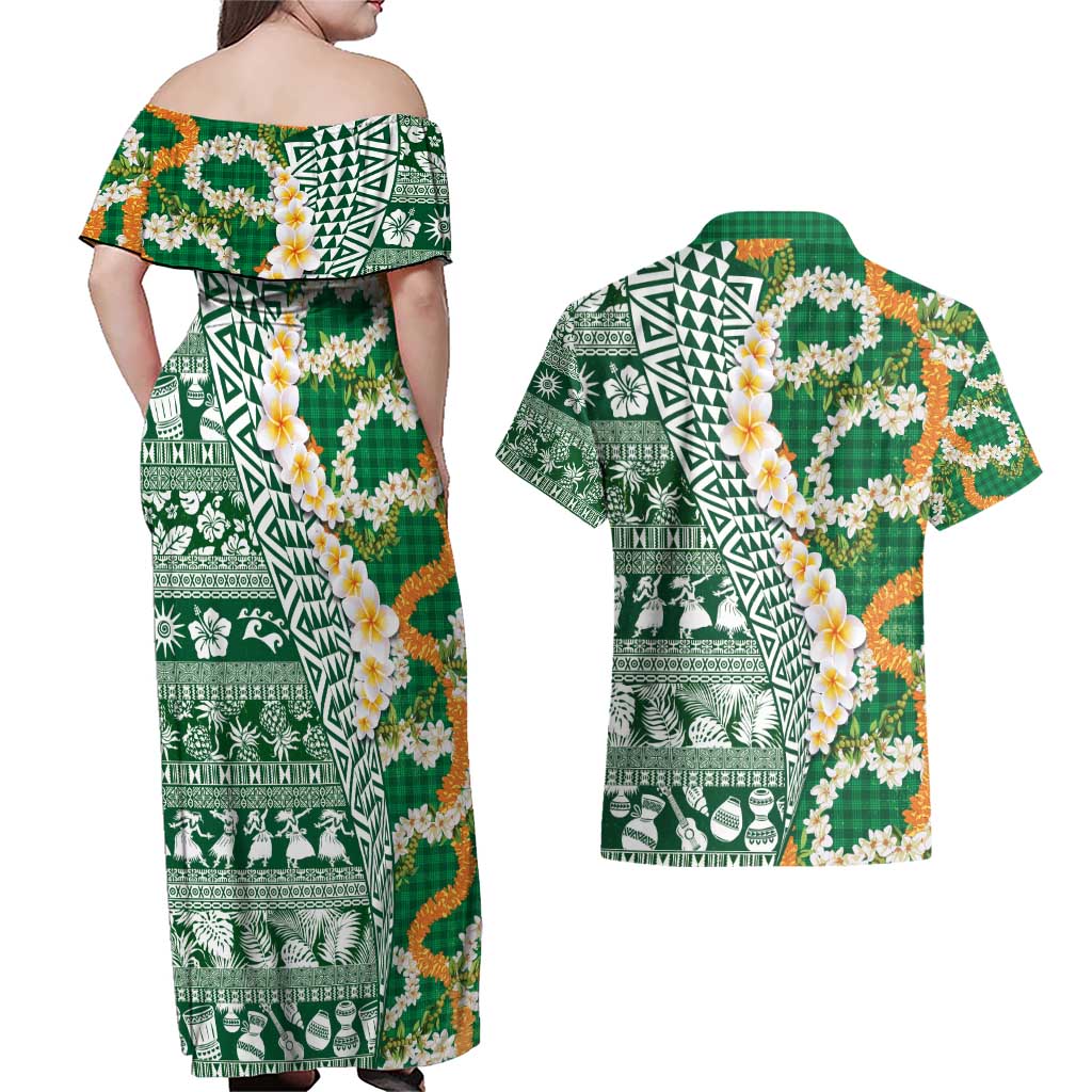 Hawaiian Plumeria Lei Couples Matching Off Shoulder Maxi Dress and Hawaiian Shirt Kakau Motifs and Palaka Half Style Green Color - Polynesian Pride