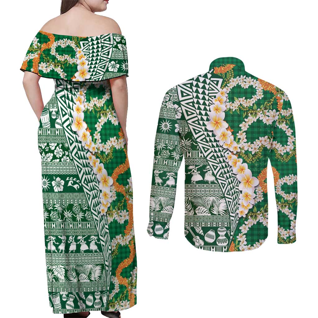 Hawaiian Plumeria Lei Couples Matching Off Shoulder Maxi Dress and Long Sleeve Button Shirt Kakau Motifs and Palaka Half Style Green Color - Polynesian Pride