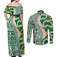 Hawaiian Plumeria Lei Couples Matching Off Shoulder Maxi Dress and Long Sleeve Button Shirt Kakau Motifs and Palaka Half Style Green Color - Polynesian Pride