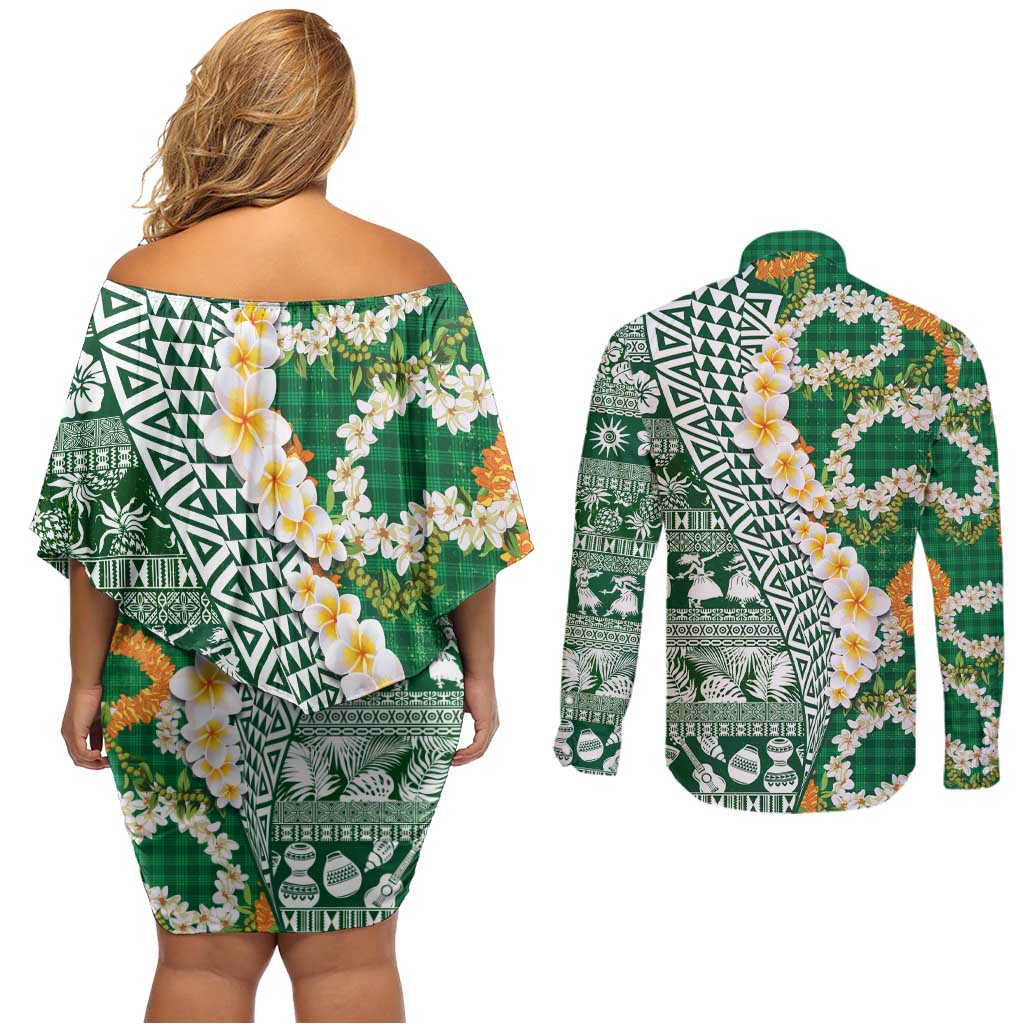 Hawaiian Plumeria Lei Couples Matching Off Shoulder Short Dress and Long Sleeve Button Shirt Kakau Motifs and Palaka Half Style Green Color - Polynesian Pride